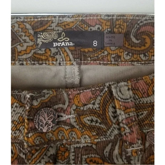 Prana Women Pants 8 Medium Skinny Corduroy Paisley Mid-Rise Brown Cotton - Picture 3 of 8